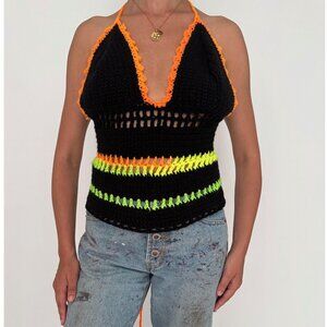 Vintage black colorful hand knit crochet festival backless halter tank crop top